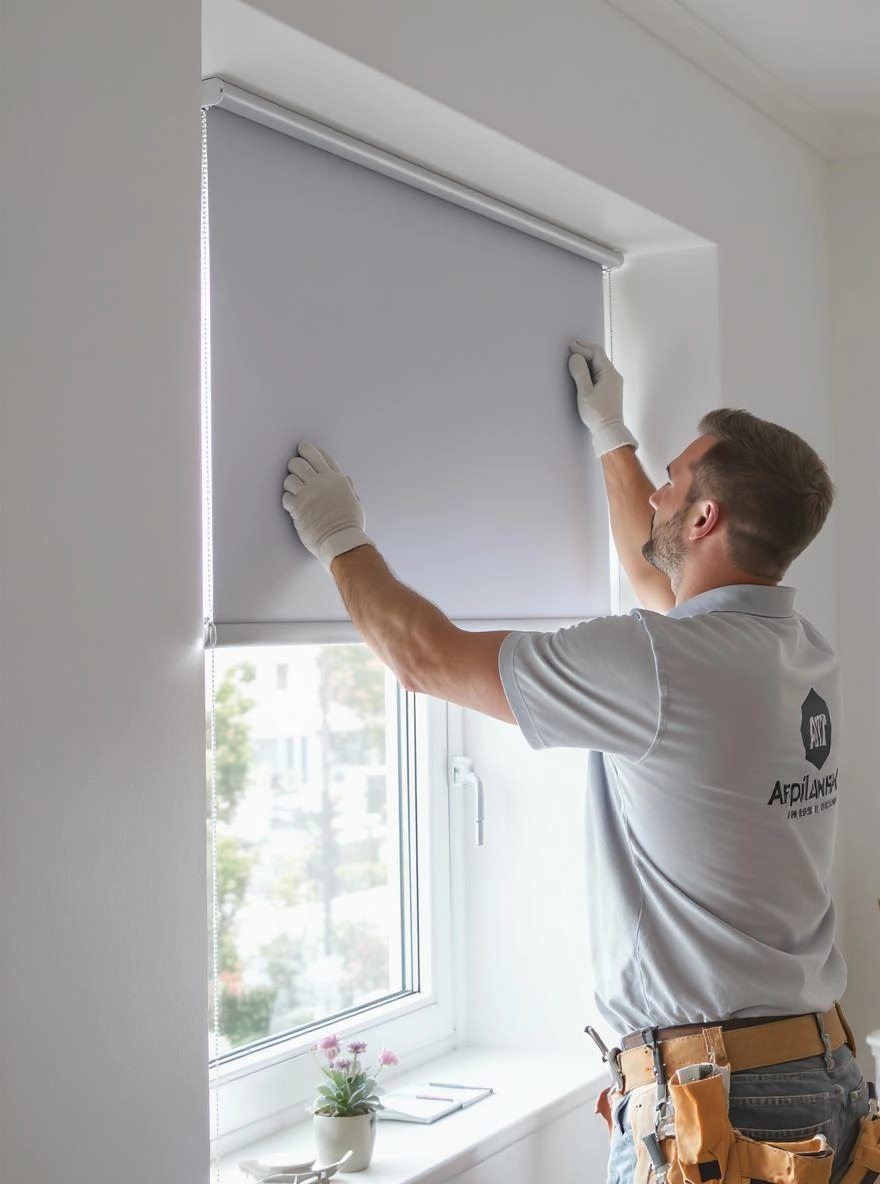 Мастер устанавливает рольшторы